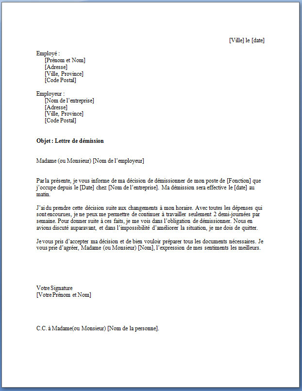 Mod le De Lettre De D mission Gratuit Docutexte