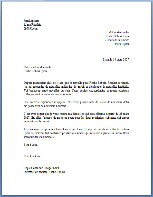 Exemple de lettre de démission complétée