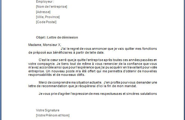 Lettre de démission pour préposé aux bénéficiaires