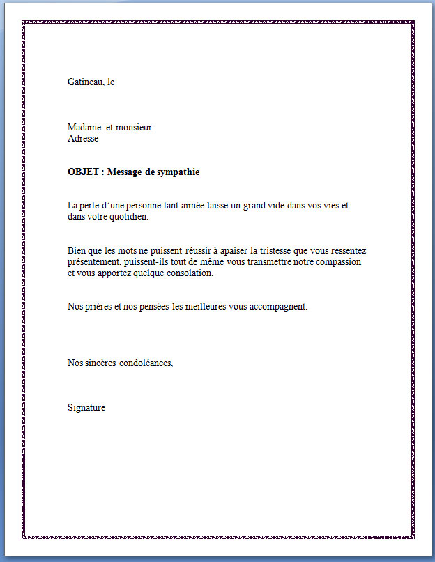 Lettre de condoléances Sympathies