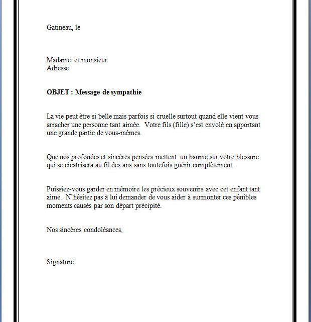 Lettre de condoléances Sympathies pour la perte d’un fils ou fille