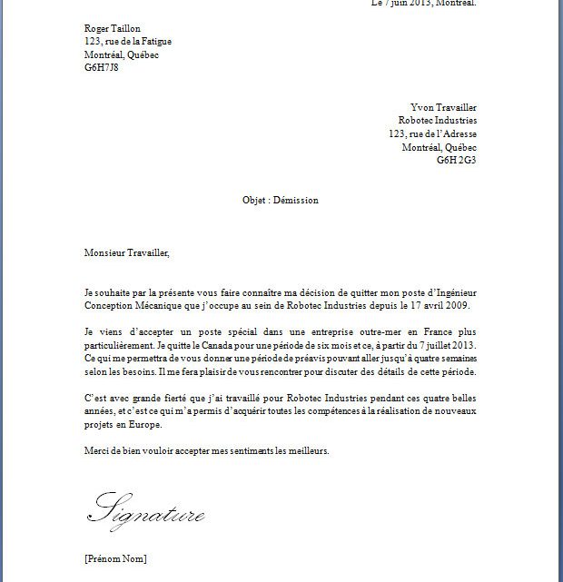 Lettre de démission départ pour l’Europe Lettre de démission départ pour l’Europe