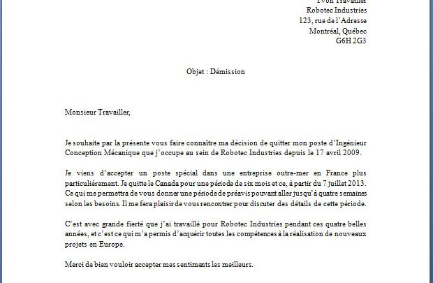 Lettre de démission départ pour un autre pays