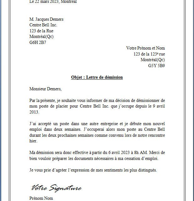 Lettre de démission Placier Centre Bell