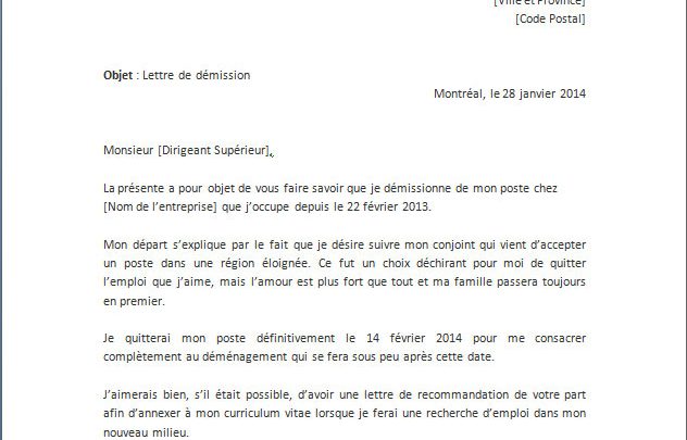 Lettre de démission pour suivre son conjoint