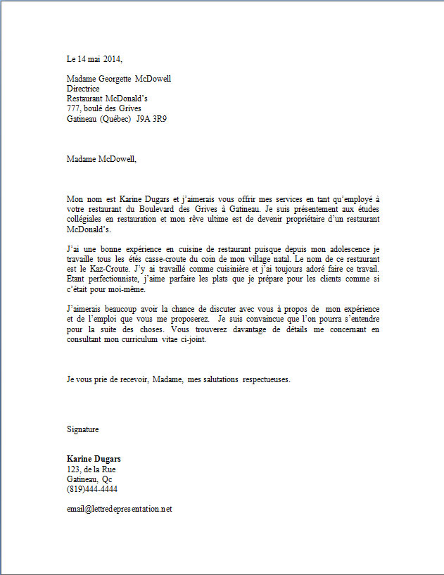 Lettre de présentation pour restaurant mcdonald s