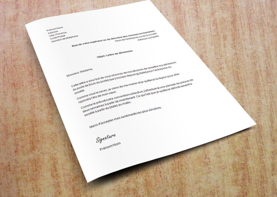 Lettre de démission pour cause de mariage Lettre de démission pour cause de mariage
