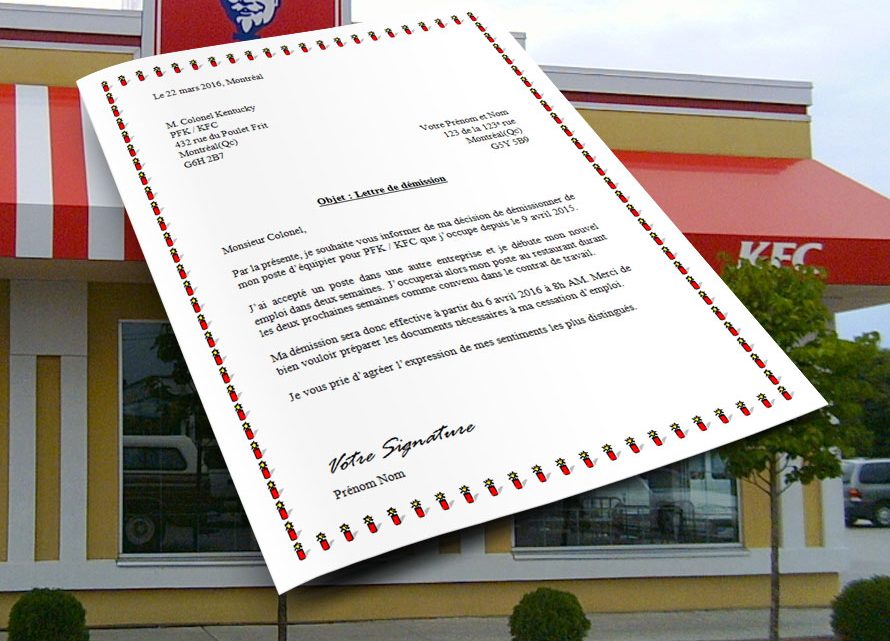 Lettre de démission pour KFC et PFK