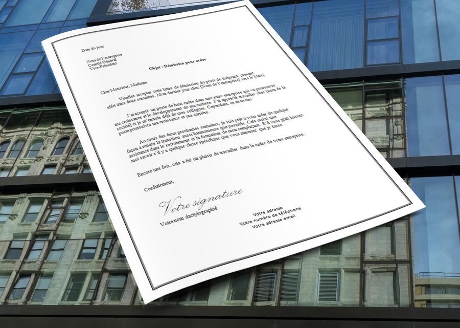Lettre de démission pour ordre, Dirigeant de société Lettre de démission pour ordre, Dirigeant de société
