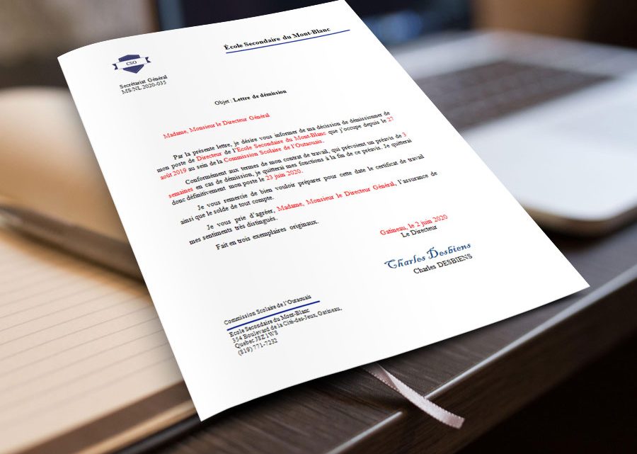 Lettre de démission au poste de Directeur d’école