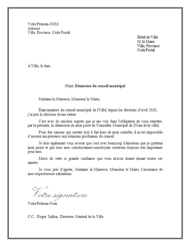 Exemple de lettre de démission pour une élue ou un élu au conseil municipal, conseillers municipaux