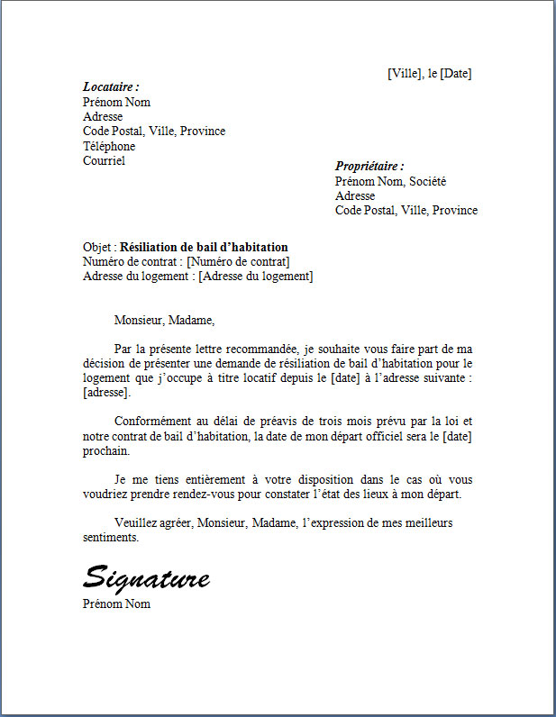 Lettre de résiliation de bail d'habitation locatif - Docutexte