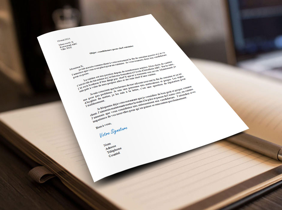 lettre de motivation pour un chef cuisinier sur le bureau de Docutexte