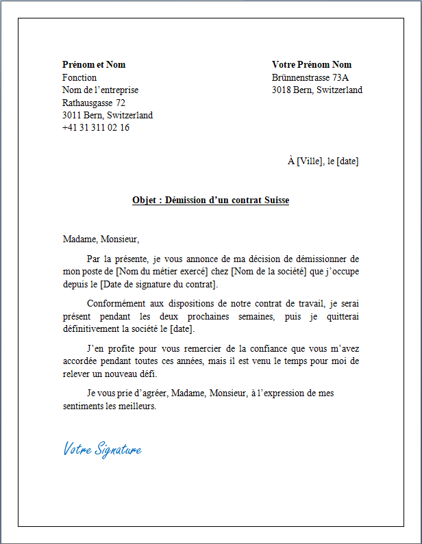 lettre de démission pour la Suisse
