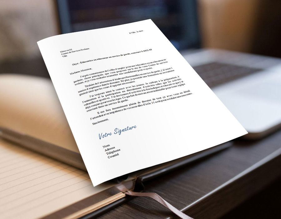 exemple et modèle de lettre de présentation ou motivation pour une éducatrice ou un éducateur en service de garde.