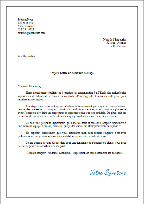 Modele De Lettre De Demande De Stage Modele De Lettre De Demande De Stage