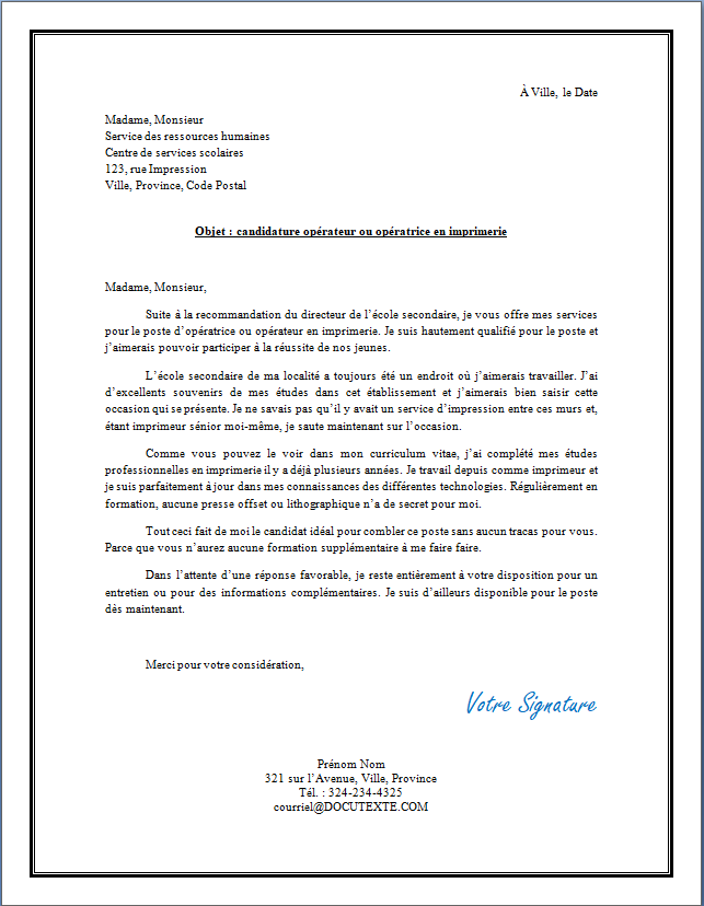 lettre de motivation et ou de présentation pour une opératrice ou un opérateur en imprimerie
