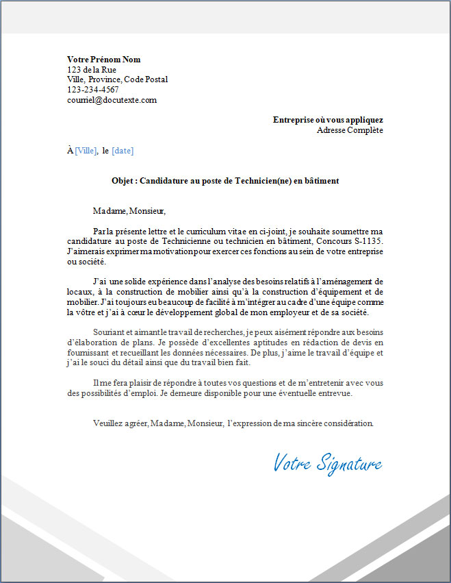 Technicienne ou technicien en bâtiment Lettre de présentation Docutexte — free download