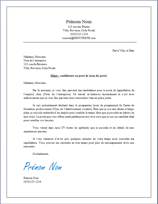 lettre de présentation pour étudiant qui postule pour un emploi