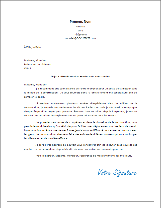lettre de motivation et présentation estimatrice estimateur en construction