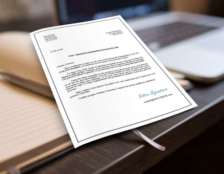 Fichier modèle gratuit au format Microsoft Word d'une lettre pour faire la demande de prolongation de la période de stage.