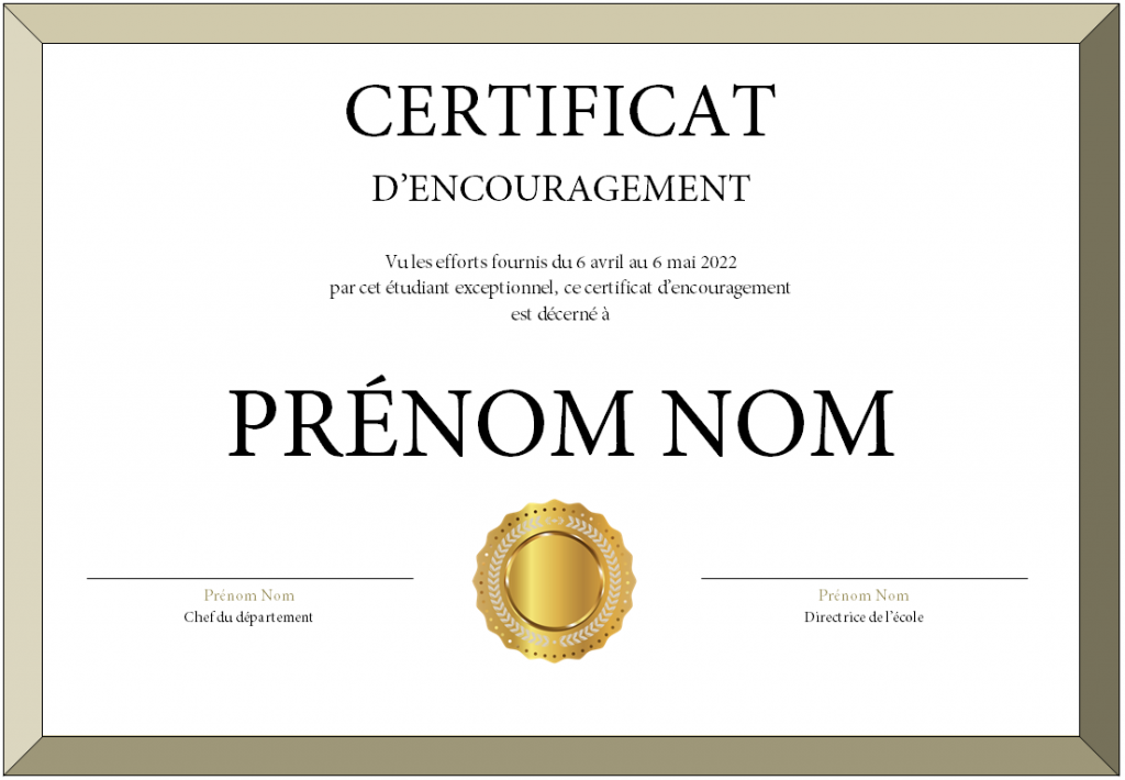 exemple de certificat d'encouragement