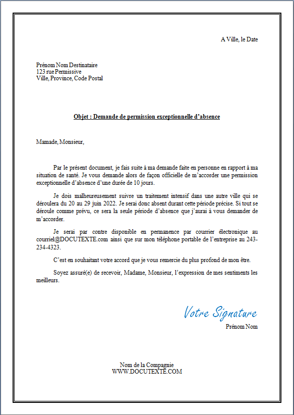 Demande Exceptionnelle De Permission D absence Docutexte
