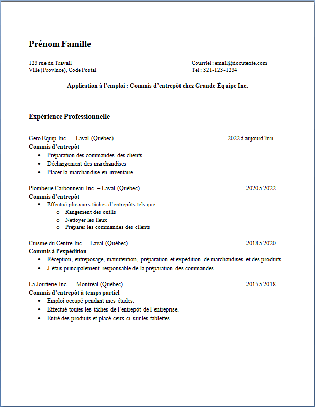 Exemple et modèle de CV pour commis d'entrepôt, Page 1